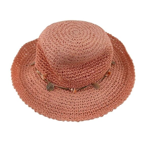 Hat Stuff Pink Woven Floppy Wide Brim Hat Shell Beaded Band Womens OS Bohemian - Picture 3 of 8